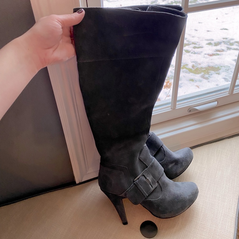 Charcoal Grey Suede Heeled Boots
